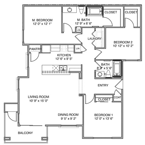 Floor plan for 3 beds, 2 baths, 1533 sqft